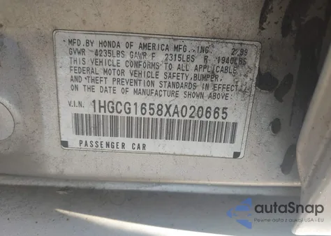 1999 Honda Accord Ex V6 z USA, uszkodzony, nr VIN 1HGCG1658XA020665